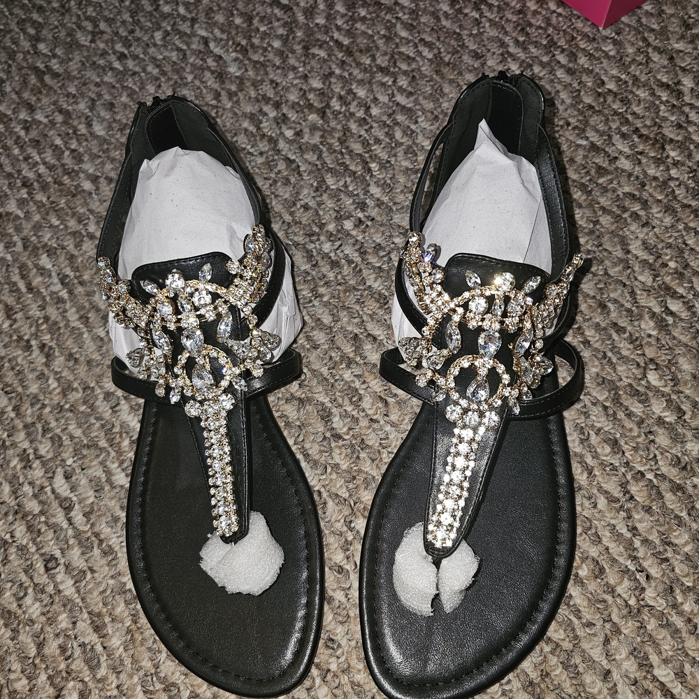 Shoe Dazzle Black Sandals with Gold Embellishments
